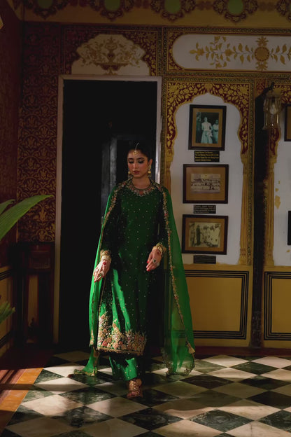 Ahista Green Mayur Applique Long Kurta With Heavy Dupatta