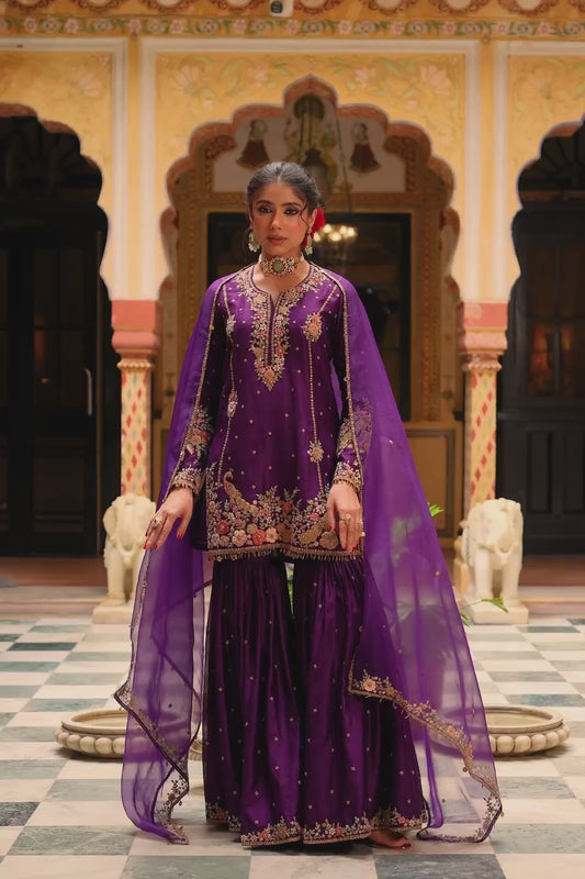 Ahista Purple Mayur Applique Heavy Sharara Set