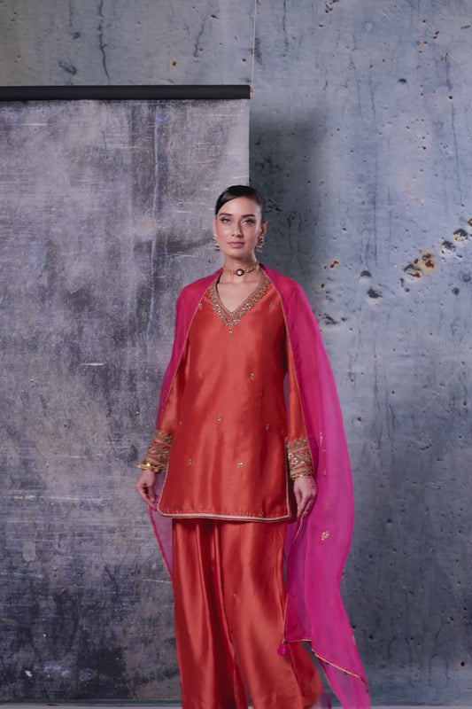 Mehrang Orange V Neck Short Kurta Set