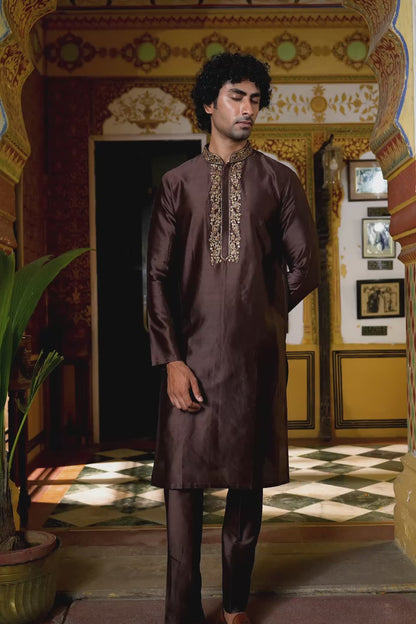 Ahista Brown Zardosi Embroidered Neckline Kurta Set