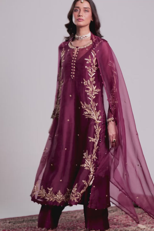 Zar:Rang Wine Light Phool Patti Kurta Set