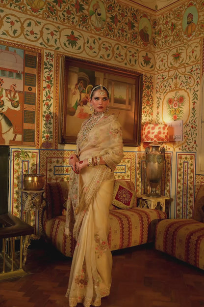 Ahista Ivory Mayur Applique Saree Set