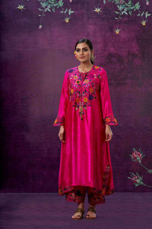 Pink Floral Applique Yoke Kurta Set