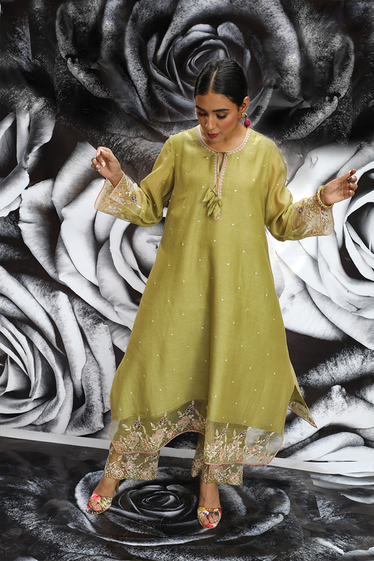 Green Applique Layered Heavy Kurta Set