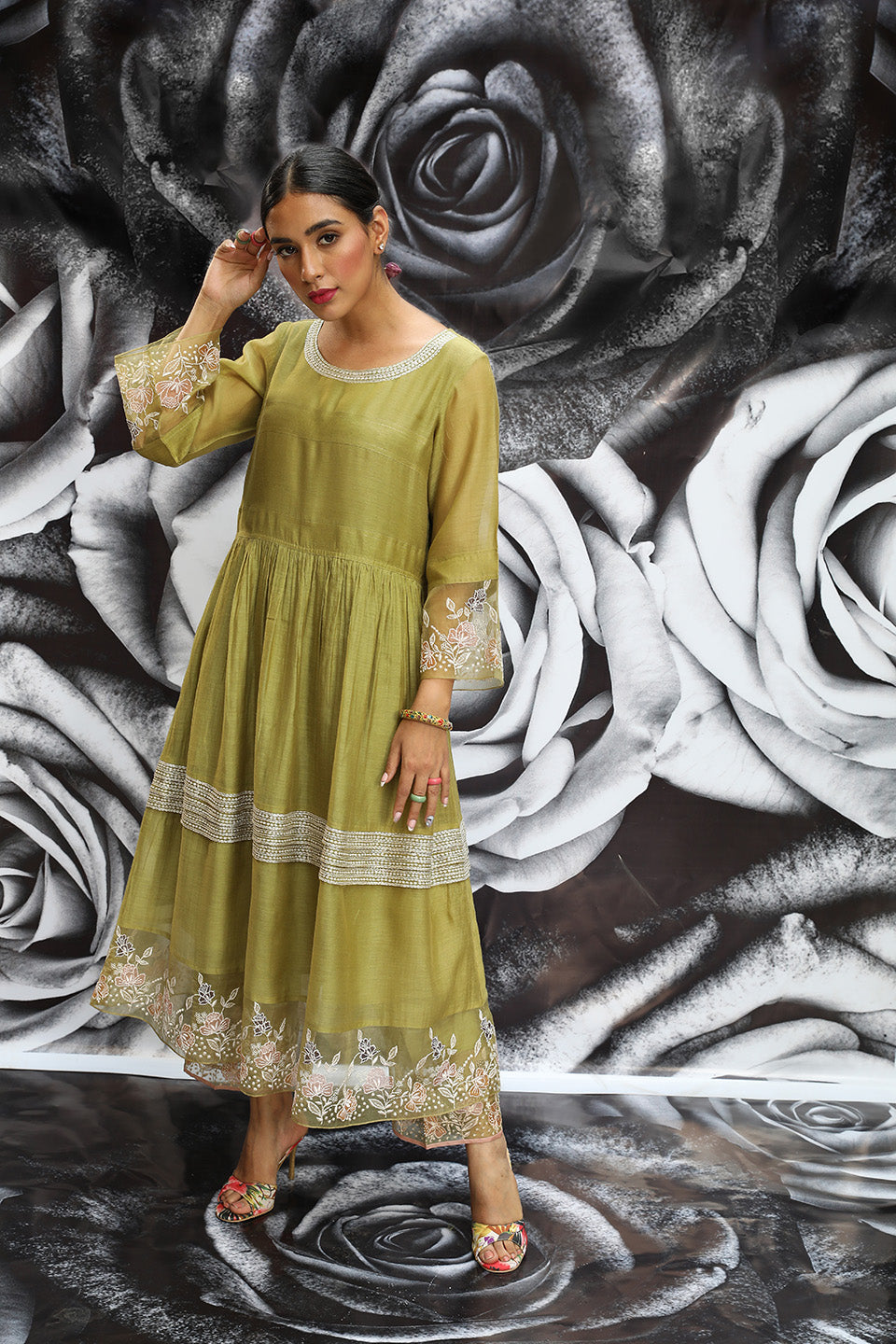 Green Applique Pleats Heavy Kurta Set