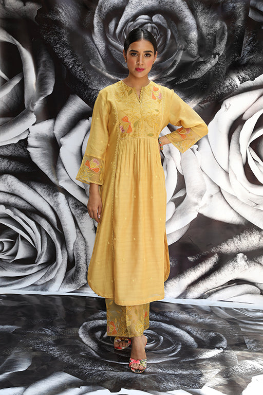 Yellow Applique Frock Style Kurta Set