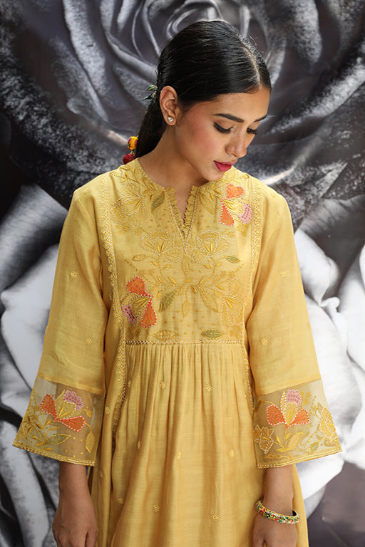 Yellow Applique Frock Style Kurta Set