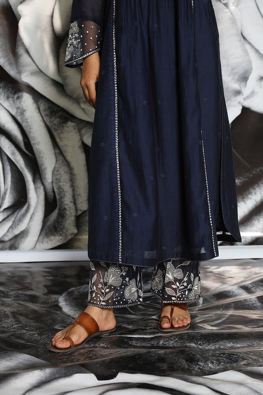 Navy Blue Applique Frock Style Kurta Set