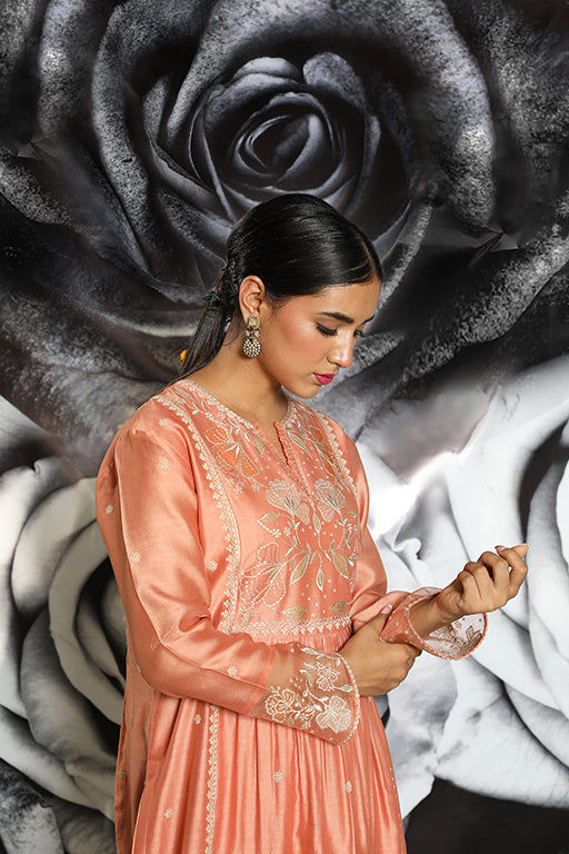 Peach Applique Frockstyle Kurta Set