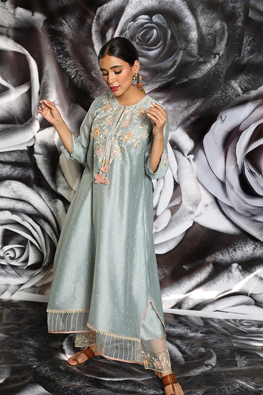 Sky Blue Applique Layered Kurta Set