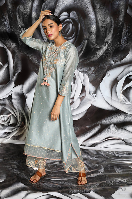 Sky Blue Applique Layered Kurta Set