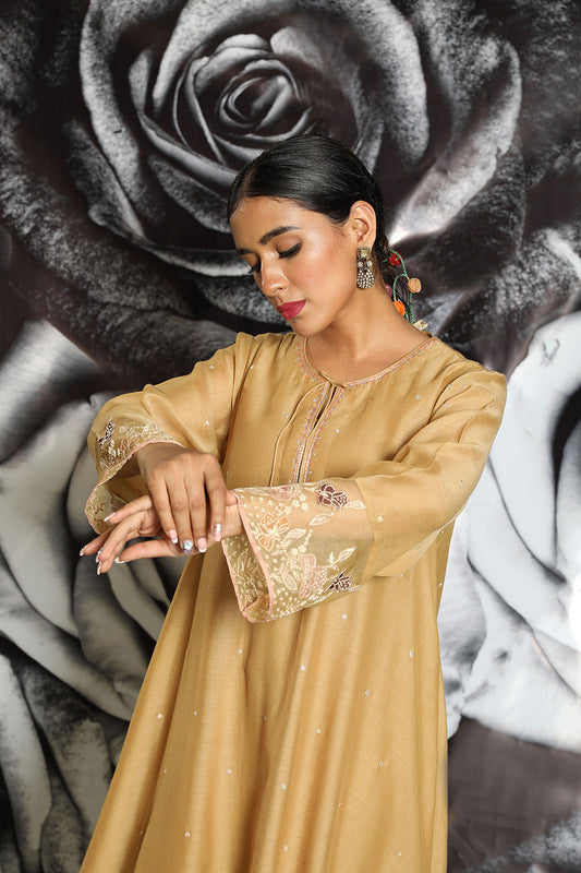 Beige Applique Layered Heavy Kurta Set