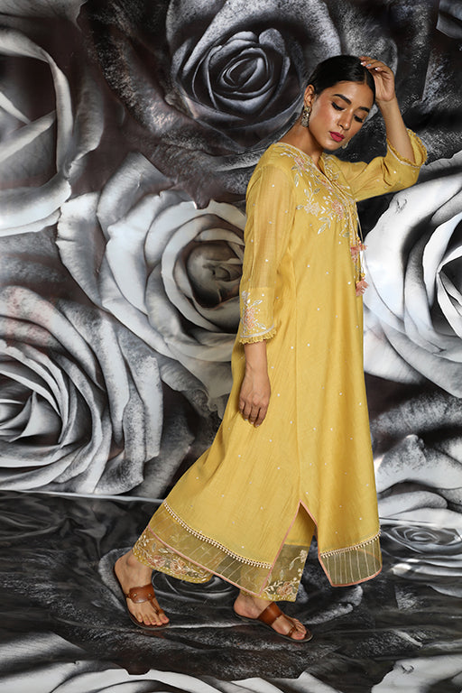 Mustard Applique Layered Kurta Set