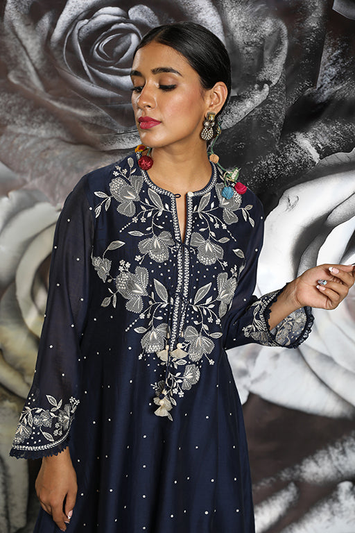 Navy Blue Applique Yoke Kurta Set