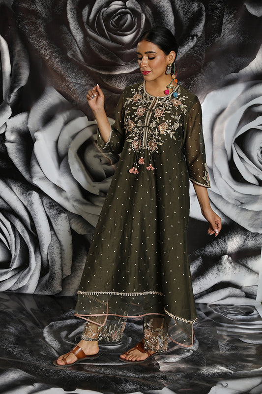 Green Applique Layered Kurta Set