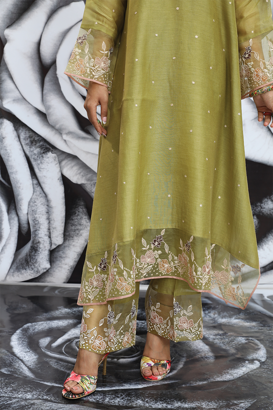 Green Applique Layered Heavy Kurta Set