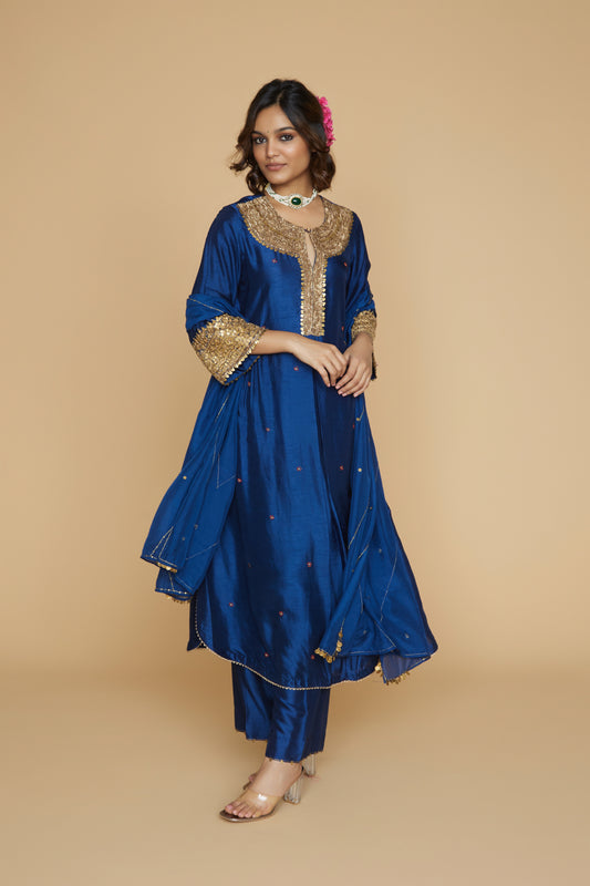 Blue Heavy Pitta Neck & Marodi Sleeves Kurta Set