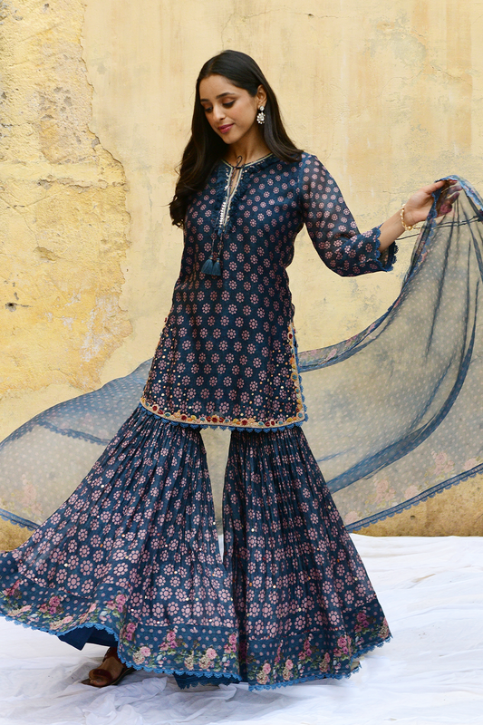 Blue Dotted Cascade Sharara
