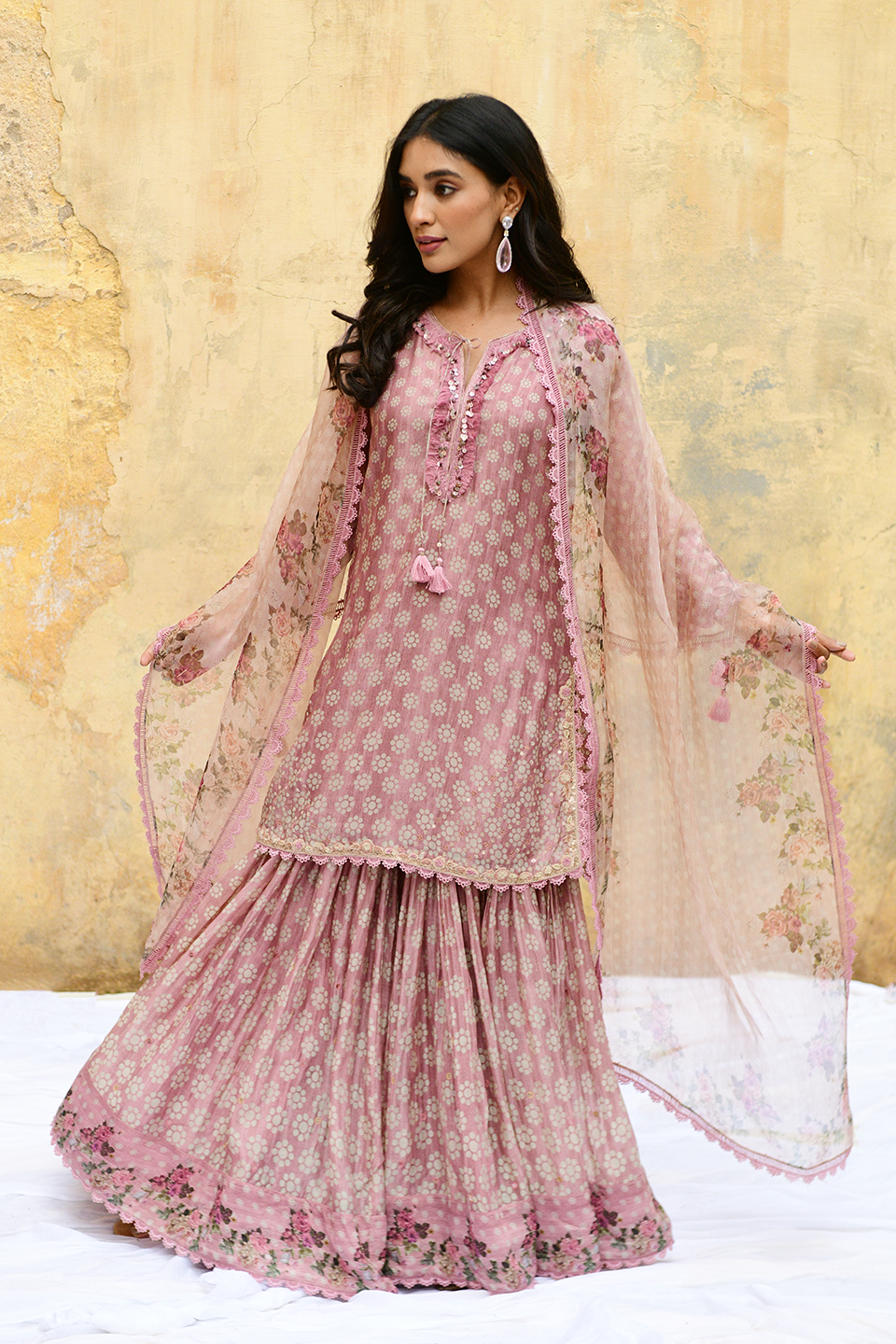 Pink Dotted Cascade Sharara