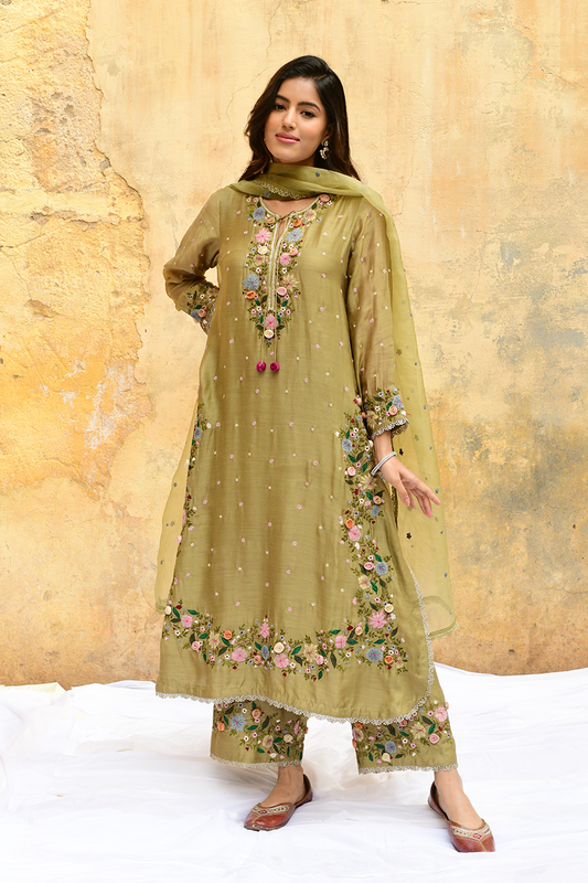 Olive Green Orchid Heavy Long Kurta