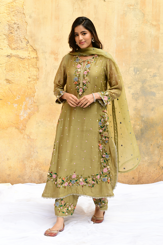 Olive Green Orchid Heavy Long Kurta