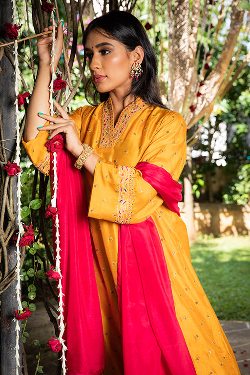 Mustard Resham V Neck Kurta Set