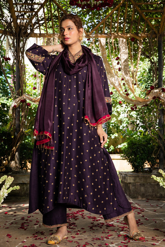 Purple Resham V Neck Kurta Set