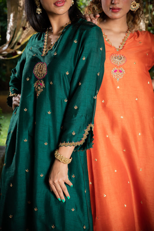 Orange Chaand Motif Kurta Set