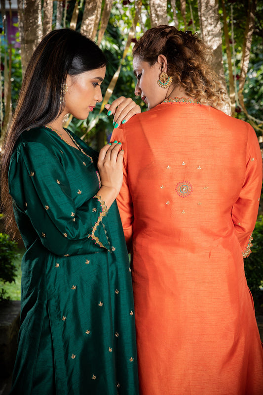 Orange Chaand Motif Kurta Set