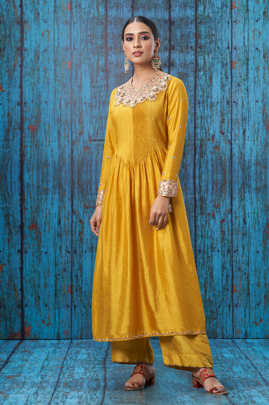 Mustard Tikki and Pearl Choker Neck Kurta Set