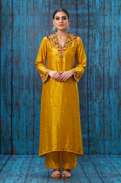 Yellow Multicolor French Knot Kurta Set