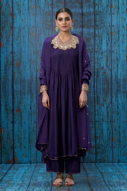 Purple Tikki and Pearl Choker Neck Kurta Set