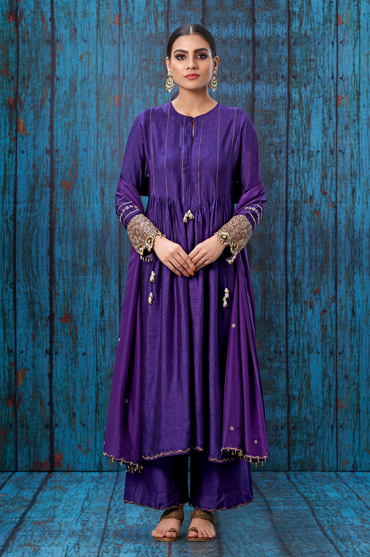 Purple Tikki and Pearl Cuff Sleeve Kurta Set