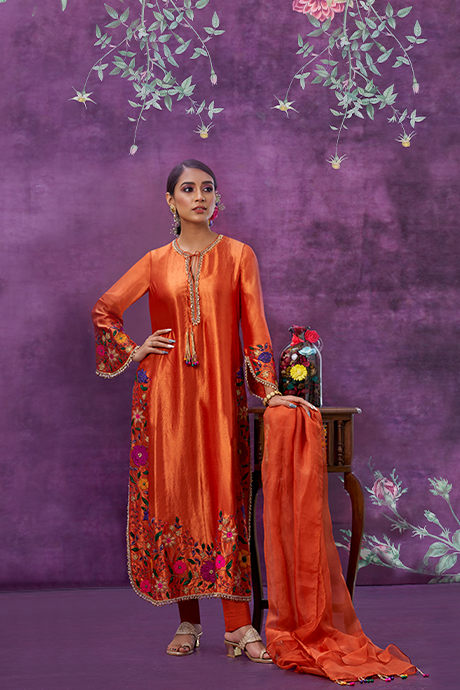 Orange Floral Applique Long Kurta Set