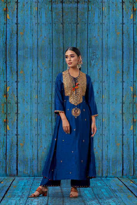 Blue Heavy Tikki Neck Kurta Set
