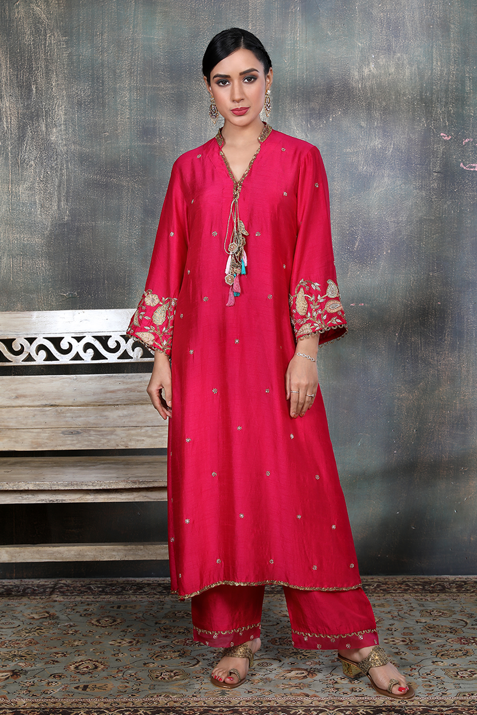 Pink Mughal Jaal Heavy Sleeves Kurta Set