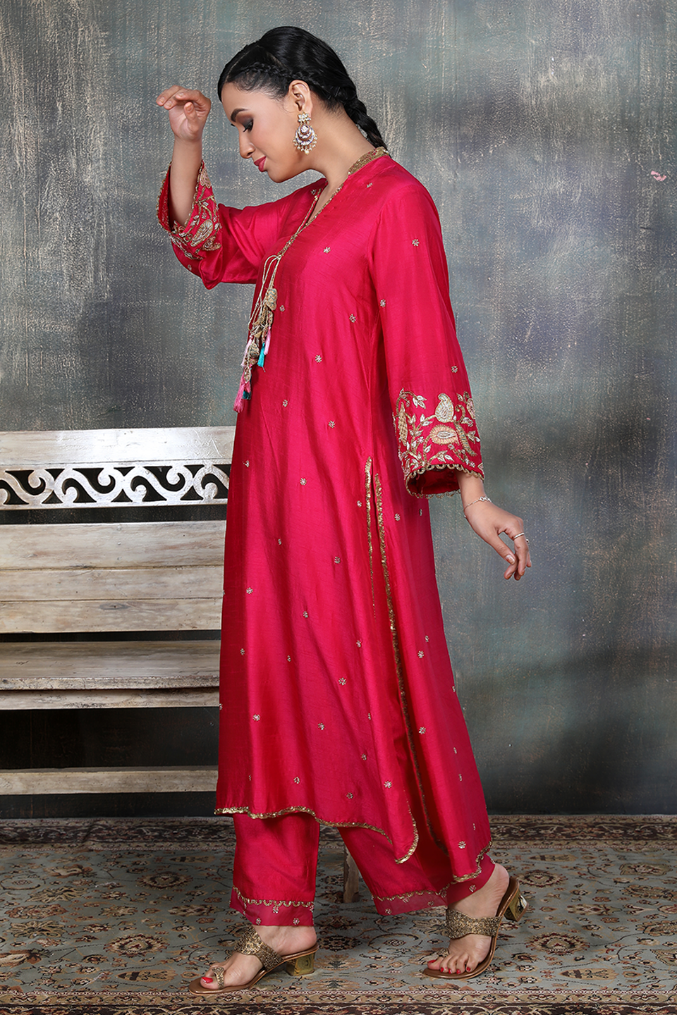 Pink Mughal Jaal Heavy Sleeves Kurta Set