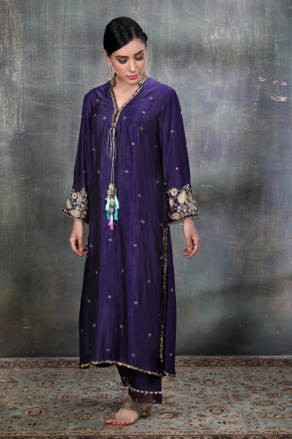 Purple Mughal Jaal Heavy Sleeves Kurta Set