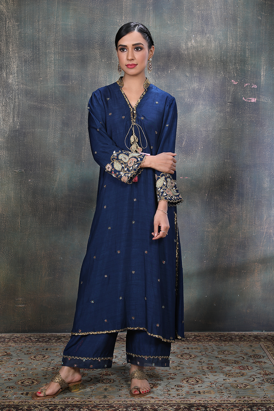 Blue Mughal Jaal Heavy Sleeves Kurta Set