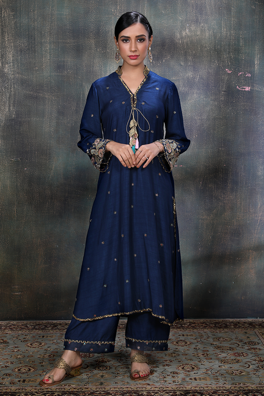 Blue Mughal Jaal Heavy Sleeves Kurta Set