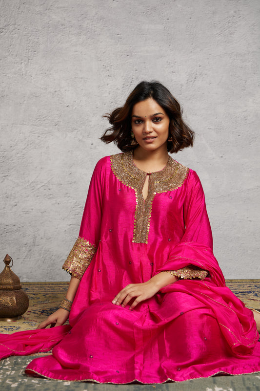 Pink Heavy Pitta Neck & Marodi Sleeves Kurta Set