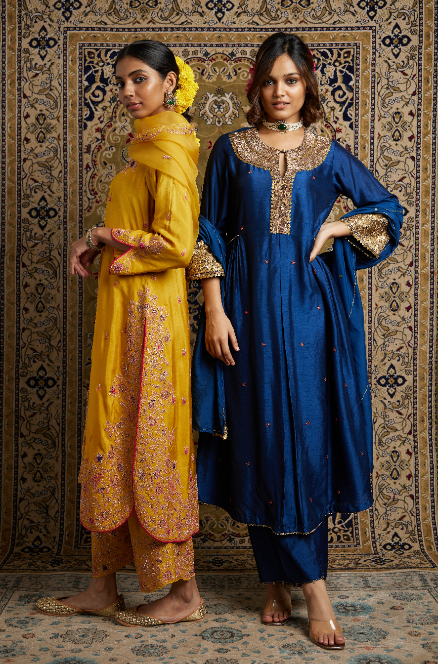 Blue Heavy Pitta Neck & Marodi Sleeves Kurta Set