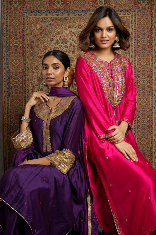 Purple Heavy Pitta Neck & Marodi Sleeves Kurta Set