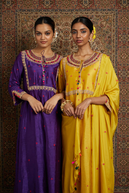 Mustard Colorful Coin Square Neck Kurta Set