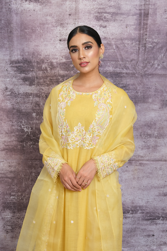 Yellow Dori Paisley Yoke Long Kurta Set