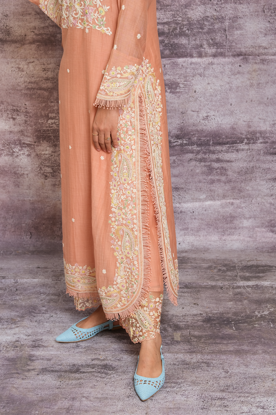 Peach Dori Paisley Yoke Long Kurta Set