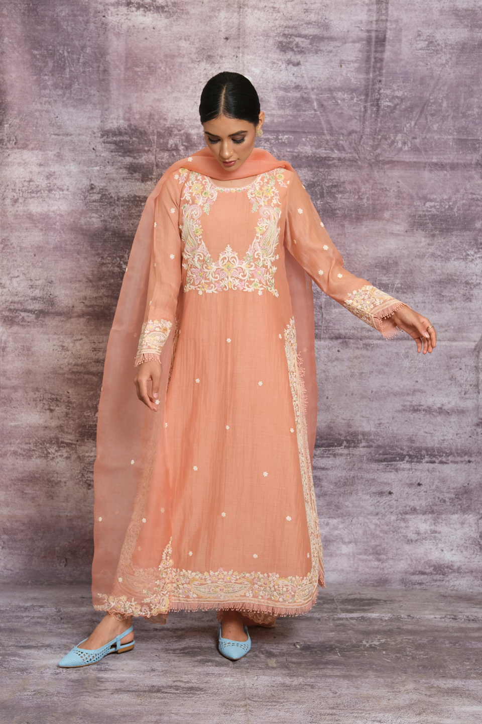 Peach Dori Paisley Yoke Long Kurta Set