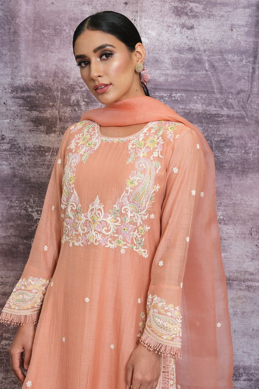 Peach Dori Paisley Yoke Long Kurta Set