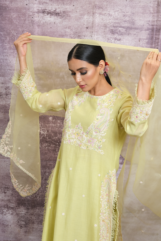 Green Dori Paisley Yoke Long Kurta Set