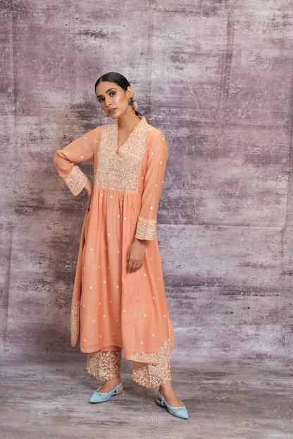 Peach Dori Paisley Frock Style Kurta Set